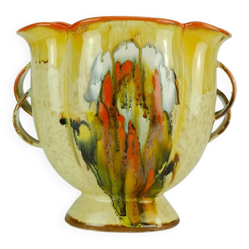 Vase art déco en céramique Dumler et Breiden des années 1930 avec glaçure dégoulinante et double anse.