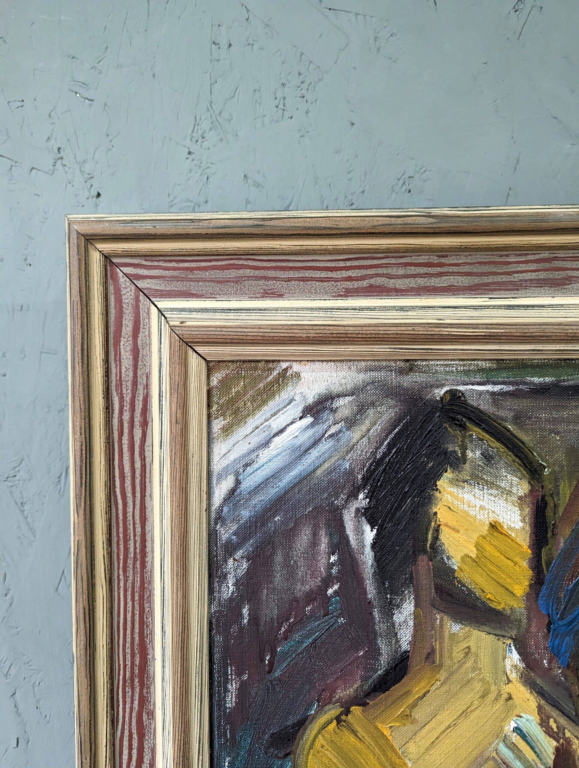 Mid-Century Modern Swedish "Painterly Portrait" Vintage Portrait Oil Painting, Framed