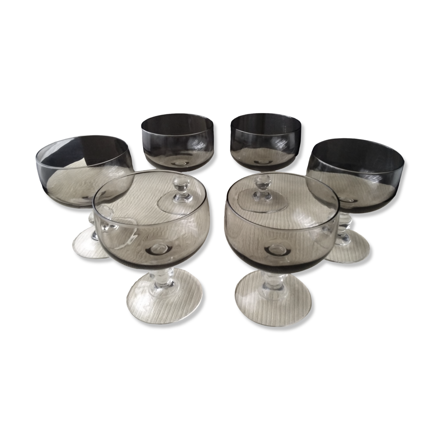 Lot de 6 coupes à champagne vintage en verre fumée années 70