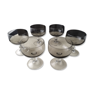 Set of 6 vintage smoked glass champagne glasses from the 70s