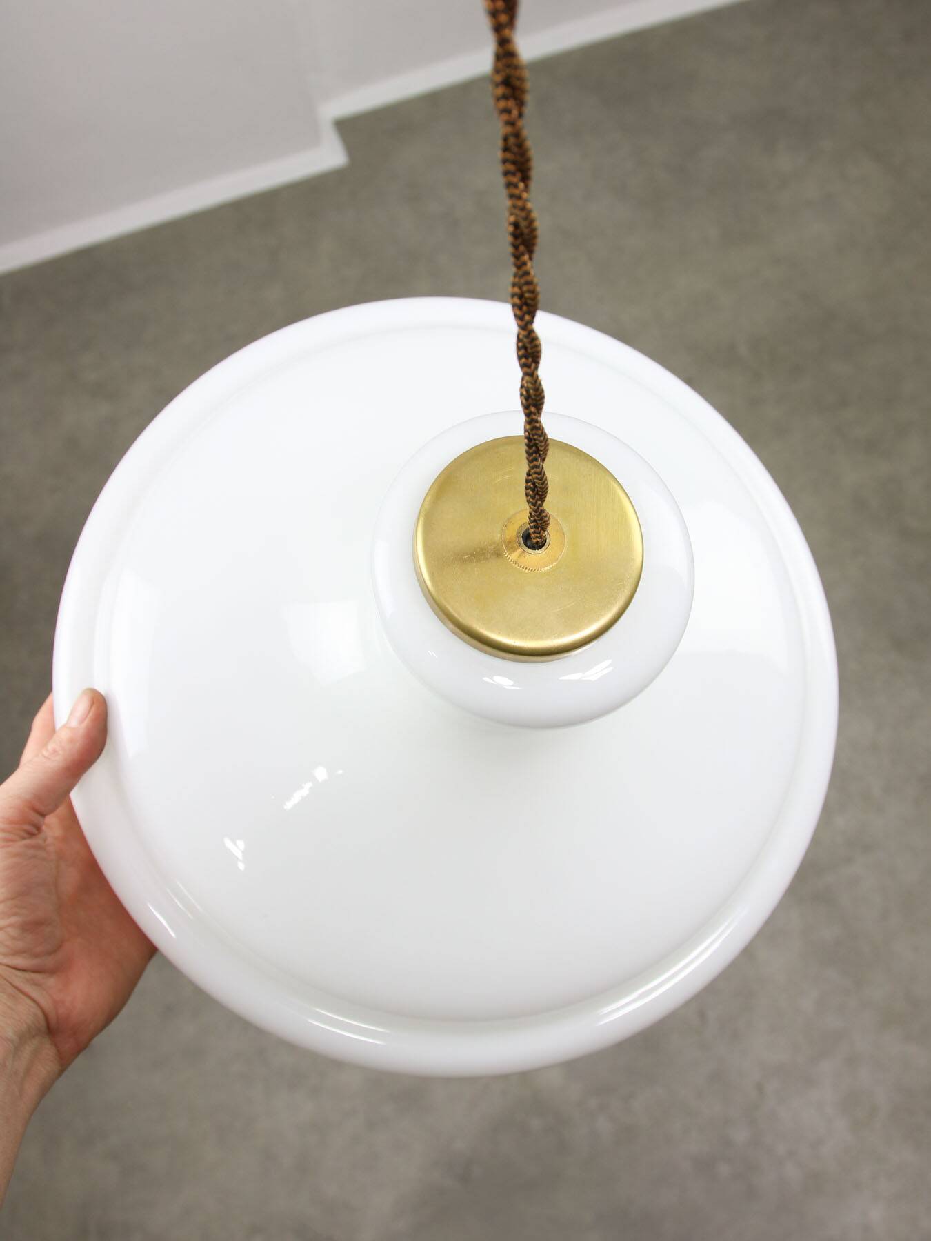 Mid-Century Italian White Glass and Brass Pendant Lamp