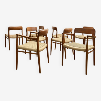 8 chaises de salle à manger en teck du milieu du siècle, Niels O. Møller, JL Moller, modèles 56 et 75