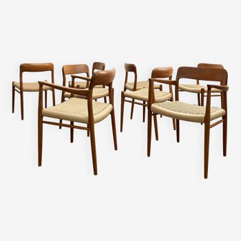 8 Mid Century Teak Dining Chairs, Niels O. Møller, J.L. Moller, Model 56 & 75