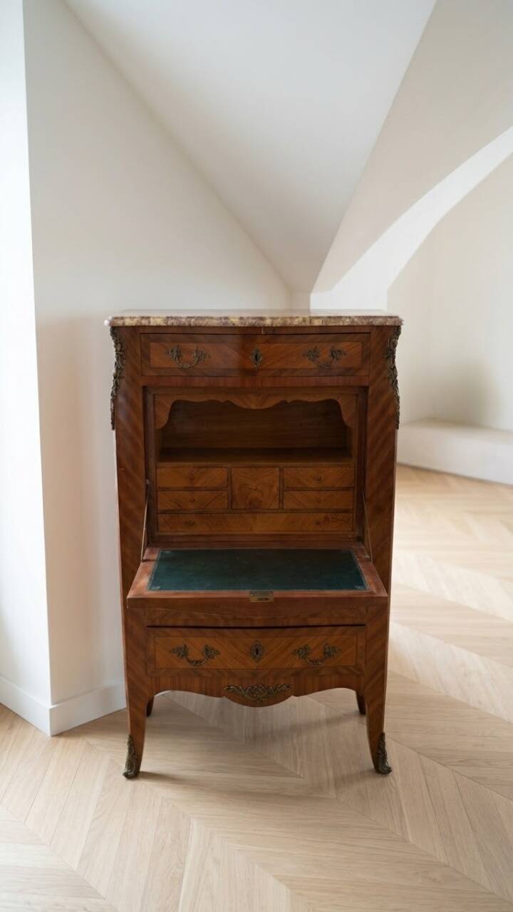 Louis XV secretary in marquetry wood and marble