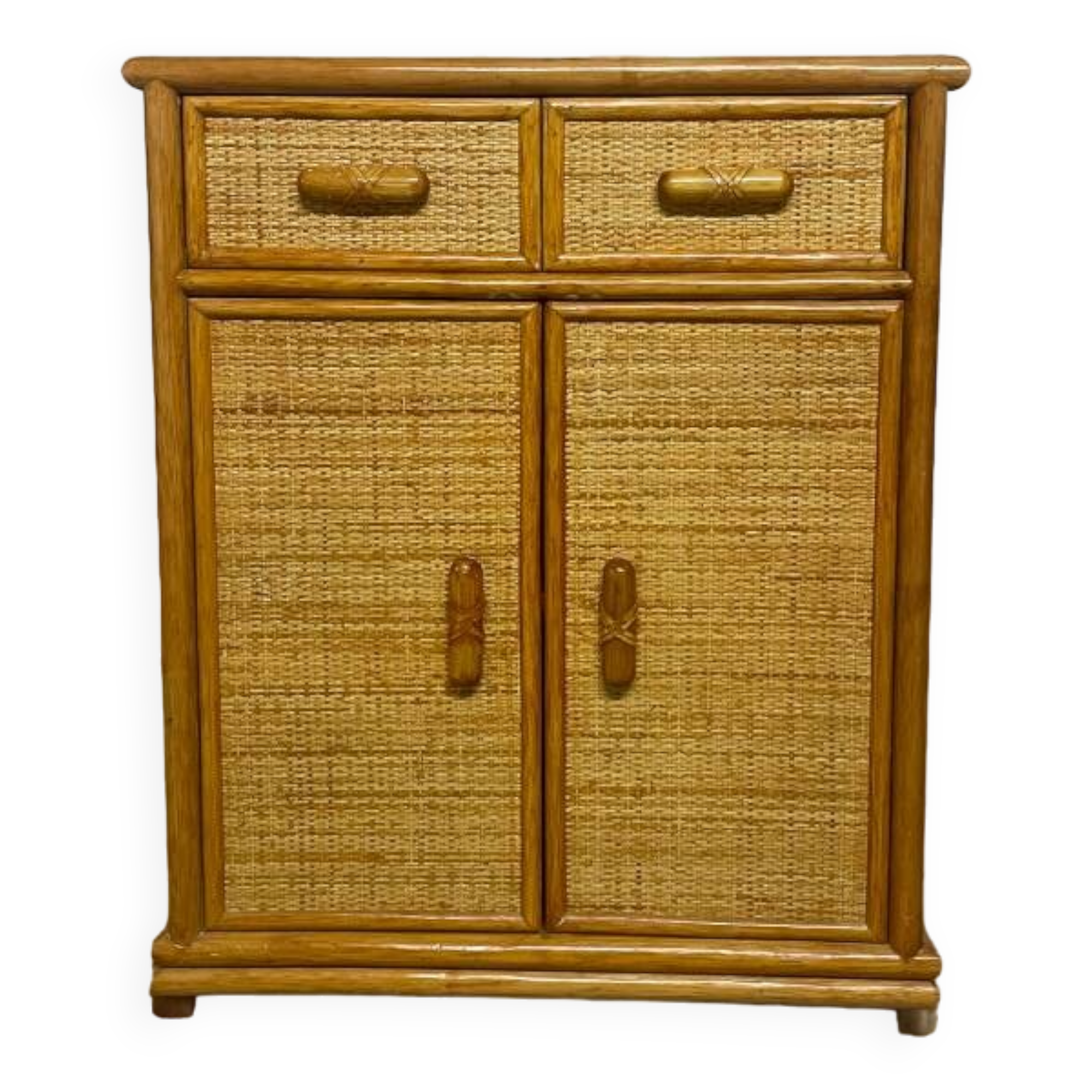 Vintage wooden and rattan chest of drawers