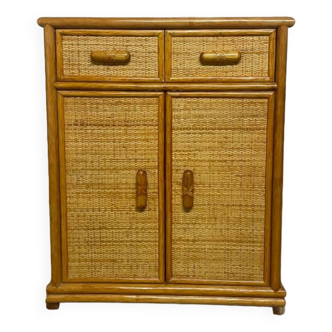 Meuble commode vintage en bois et rotin