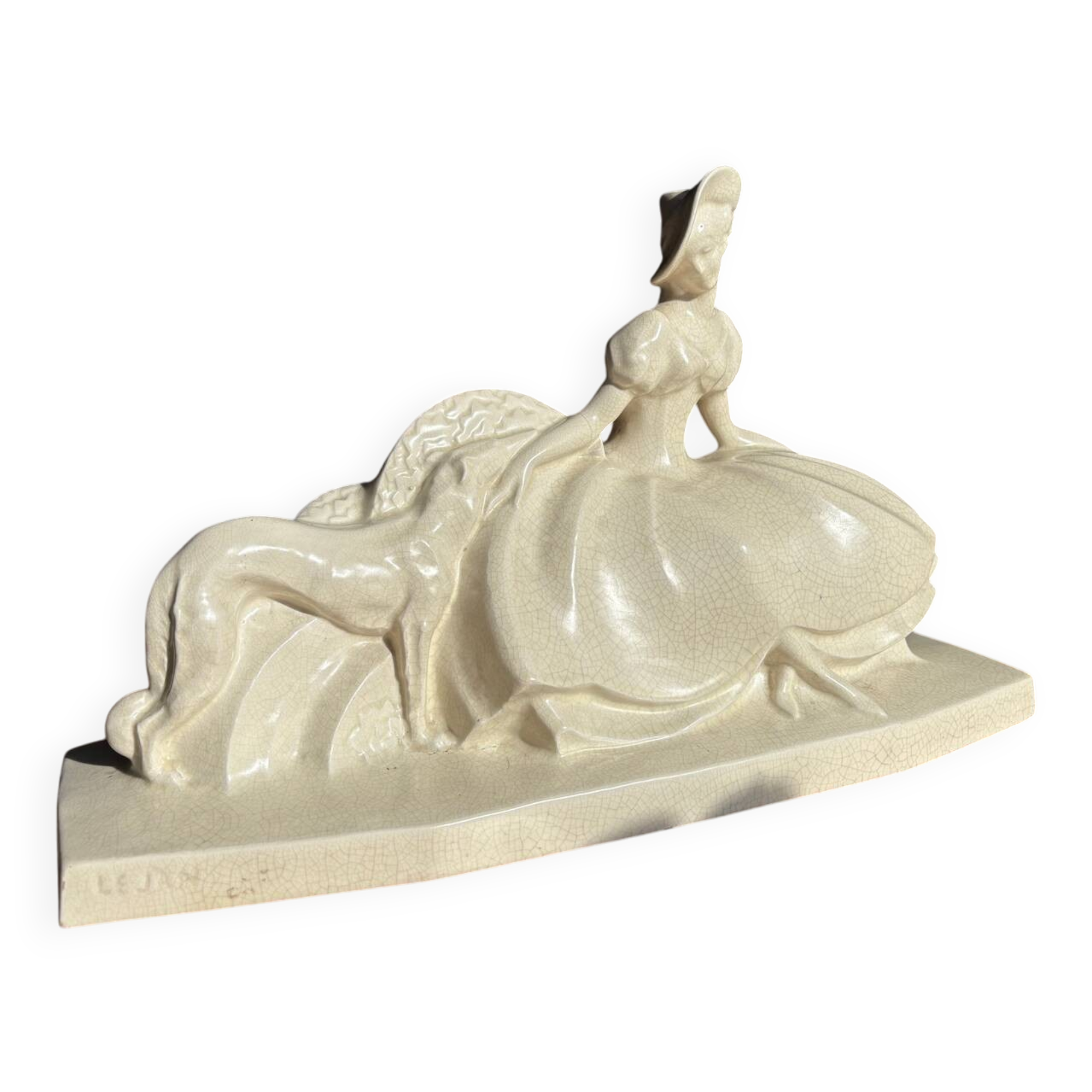 Grande sculpture Art Déco signée Lejan – Dame au lévrier