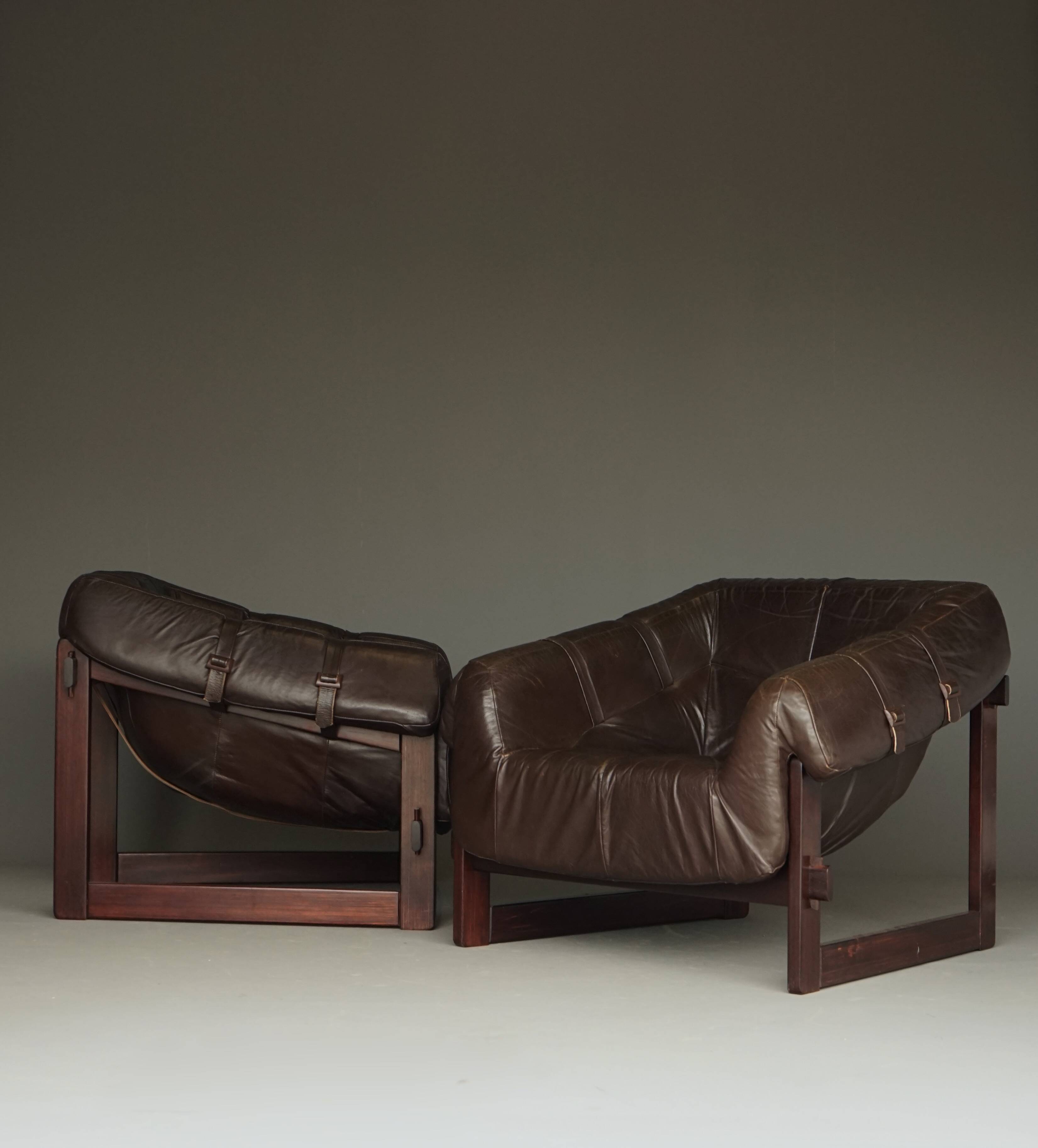 Rare pair of model MP-91 leather lounge chairs by Percival Lafer