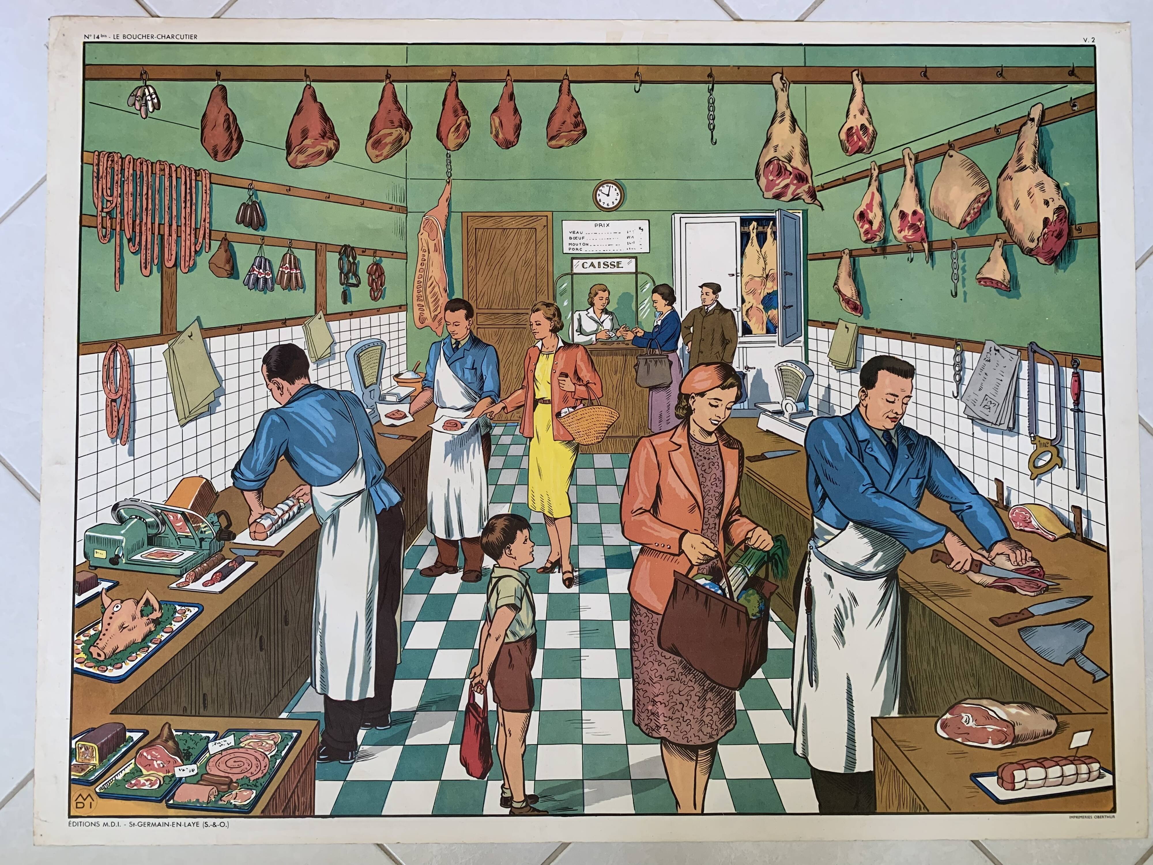 School poster 1960 framed double-sided n14bis The butcher charcutier- n 15 The garage