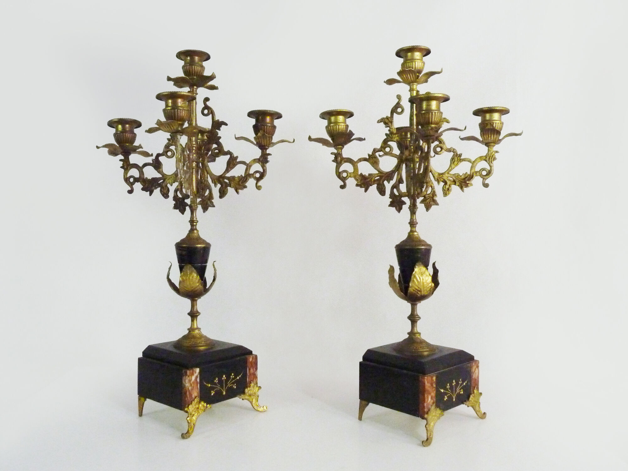 Pair of candelabra with 5 bronze branches and marble Napoleon III style. 19th