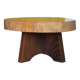 Brutalist wooden coffee table, cruciform leg with a tree trunk top.