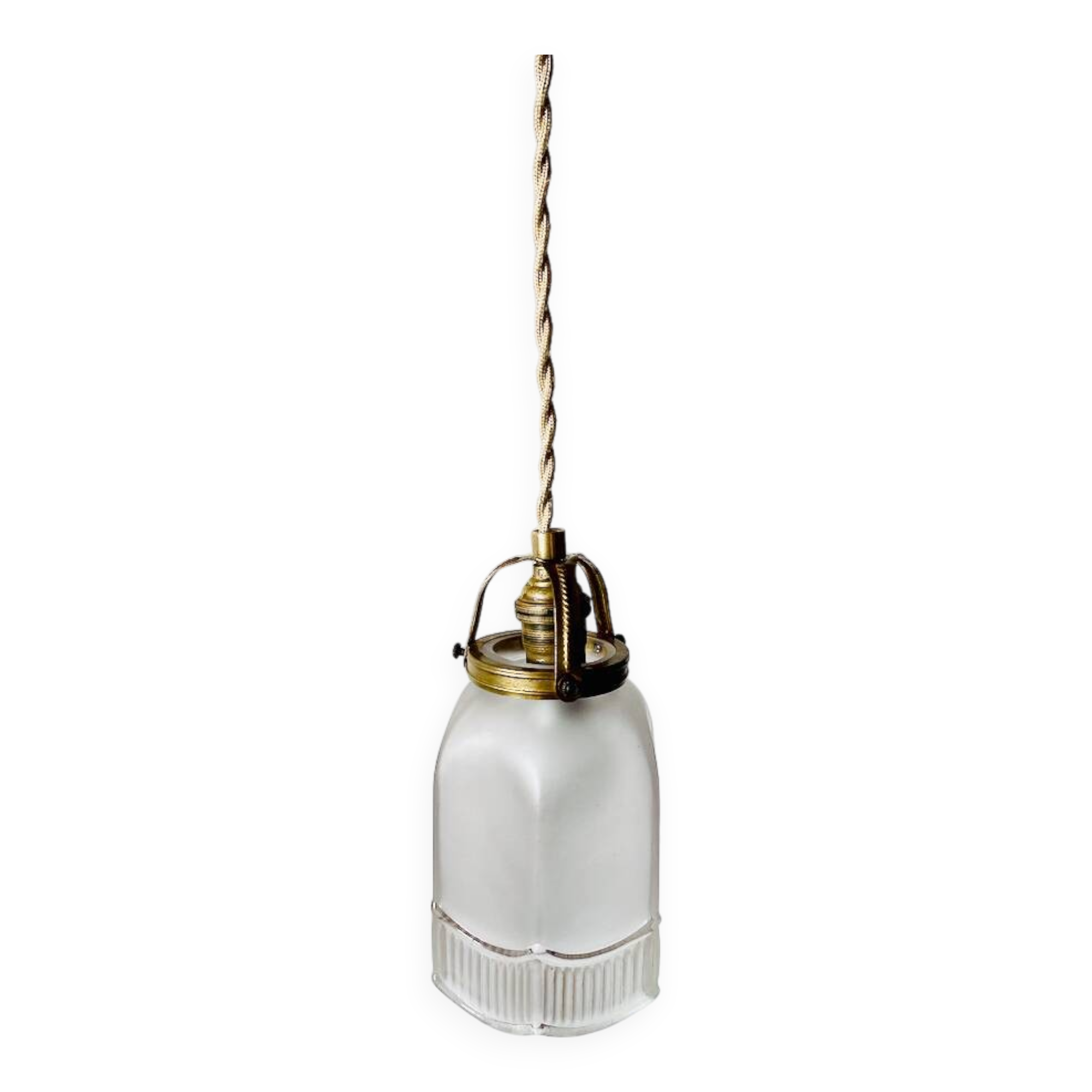 Glass pendant light, 2m braided fabric cable, porcelain ceiling rose