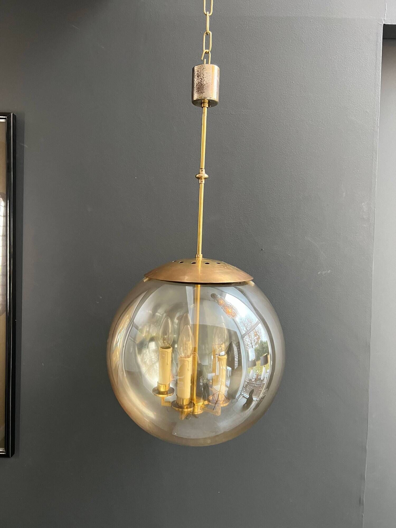 Smoked Glass and Brass Four-Light Suspension Pendant. French Work.