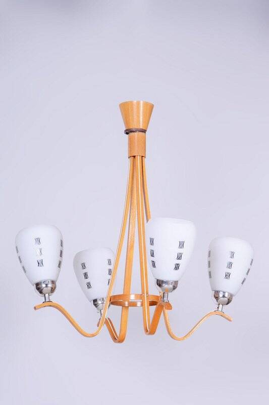 Mid-Century Chandelier in Beech and Glass from Dřevo Humpolec, Czech Republic, 1960s