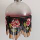 Suspension ancienne globe verre gravé rose frange perles rocaille Art
