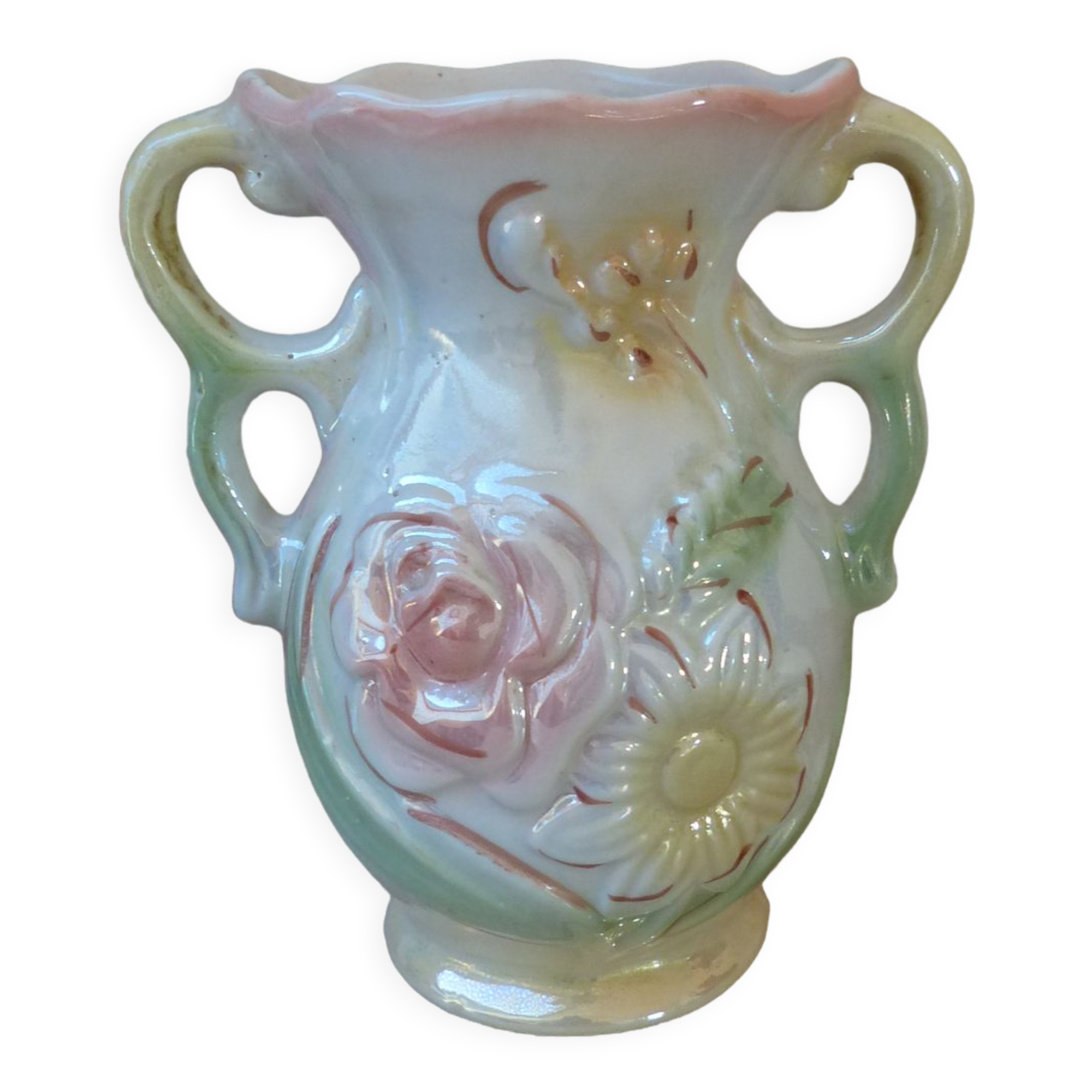 Iridescent ceramic vase floral decoration with double handles made in brazil