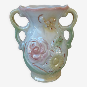 Vase irisé en céramique décor floral à double poignées fabriqué au Brésil