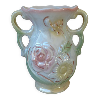 Iridescent ceramic vase floral decoration with double handles made in brazil