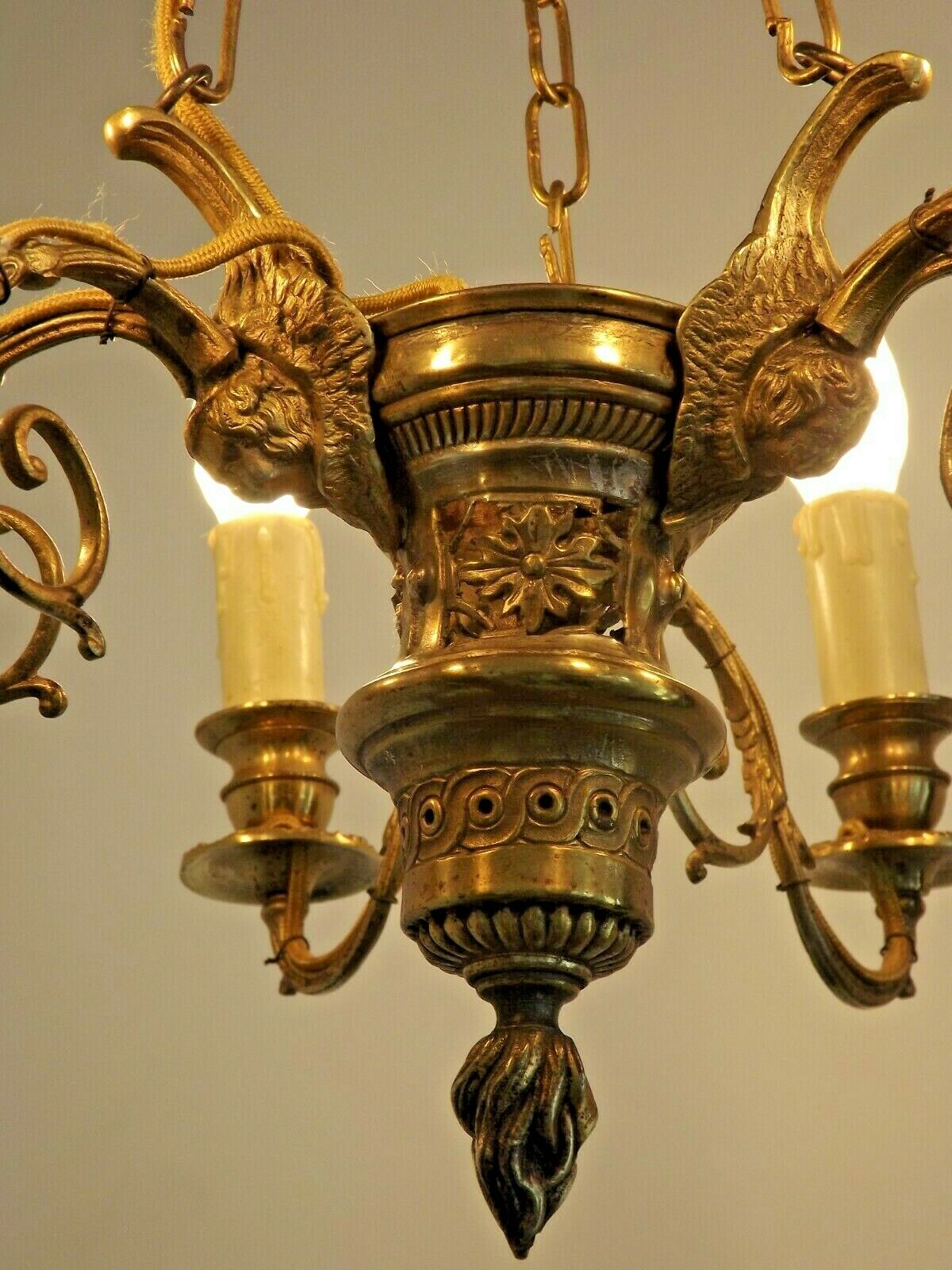French victorian brass 6 light cherub chandelier with floral decoration