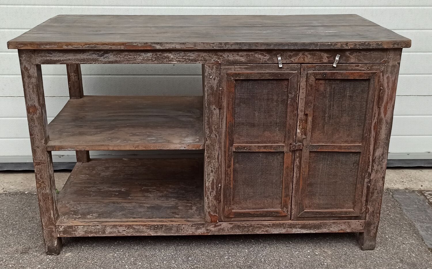 Antique wooden and metal accent furniture with mesh doors