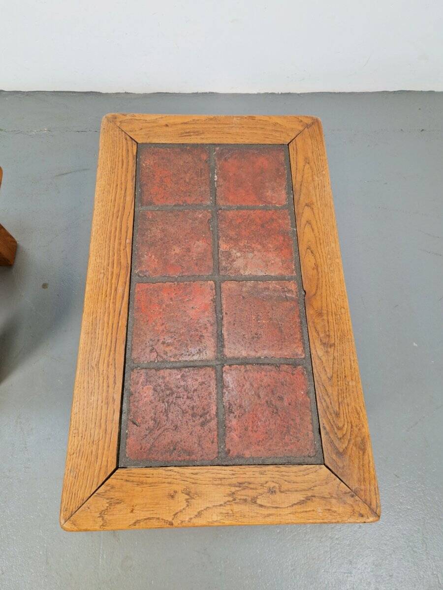 Brutalist Oak Side Table with Terracotta Tiles, 1950s, Set of 2