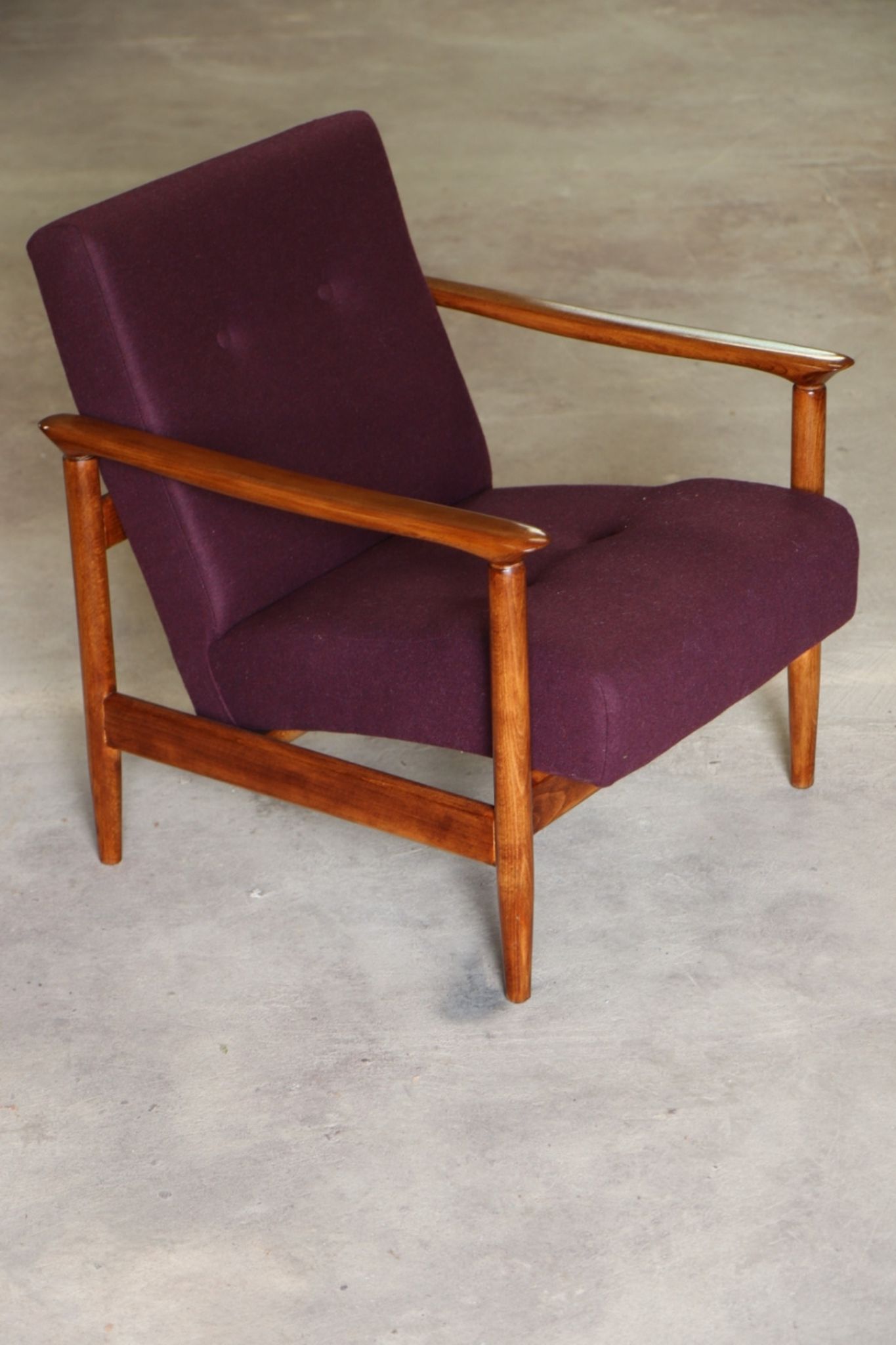 Oryginał wood armchair design by E. Homa 142 aubergine wool vintage chair modern