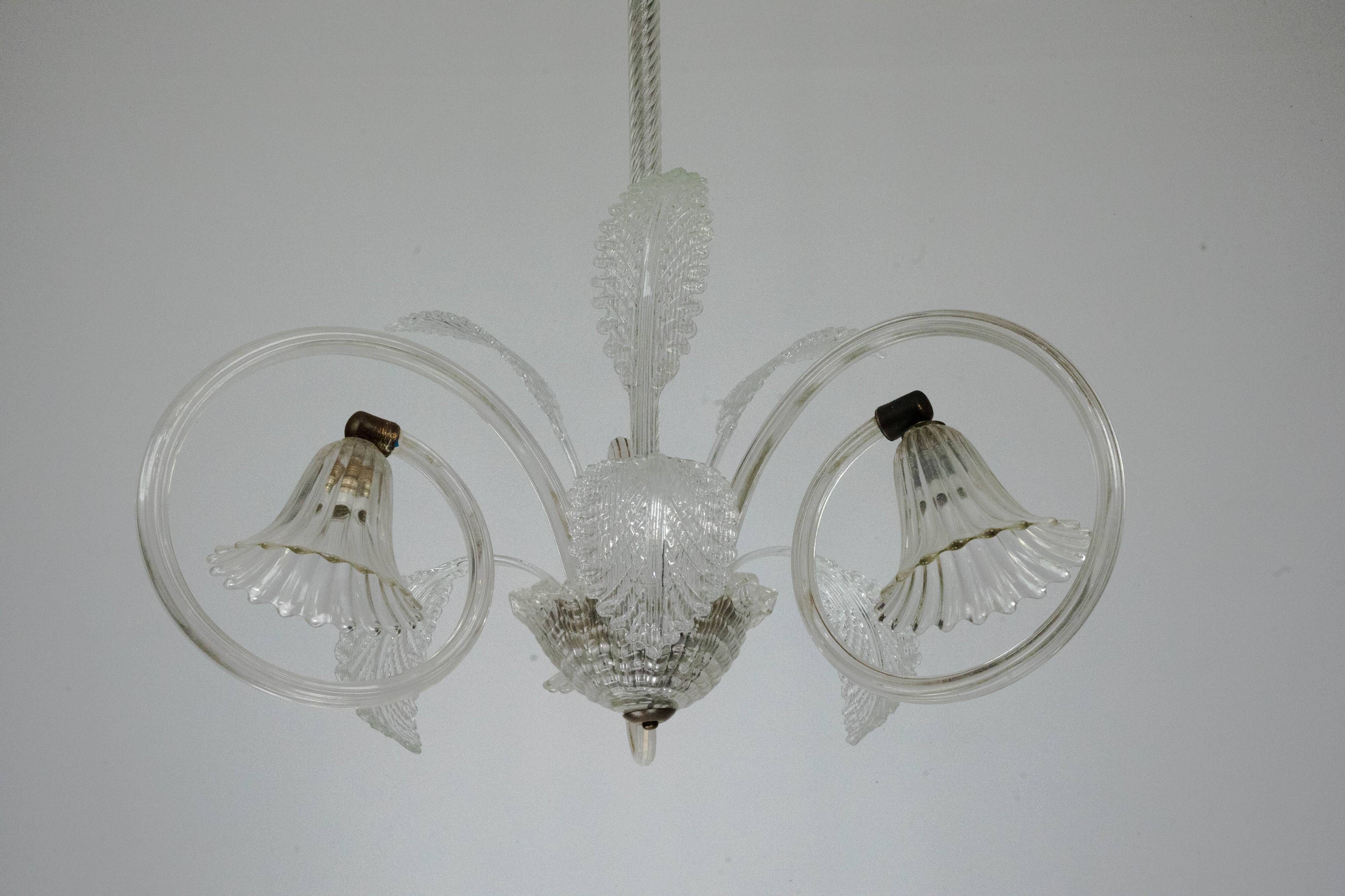 Art Deco Murano Glass Three-Arm Chandelier, Italy, 1940s