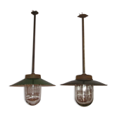 Set of 2 industrial metal enamelled sheet metal pendant lights
