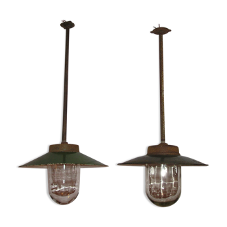 Set of 2 industrial metal enamelled sheet metal pendant lights