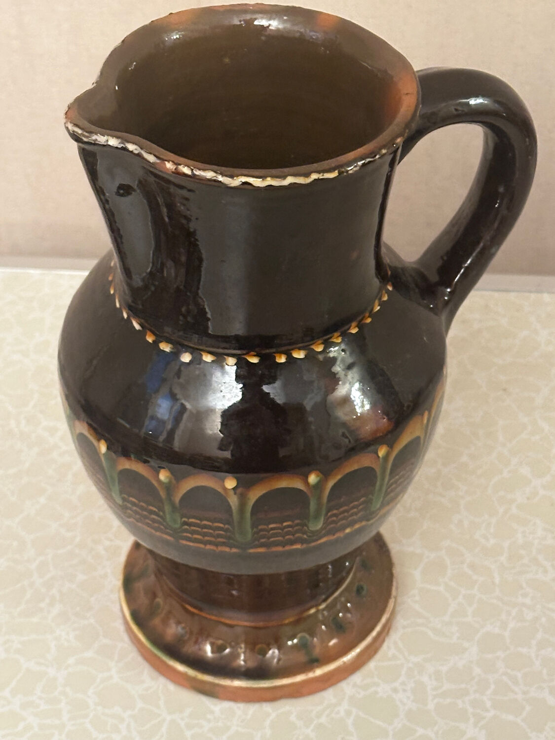 Vintage Romanian glazed pottery pitcher