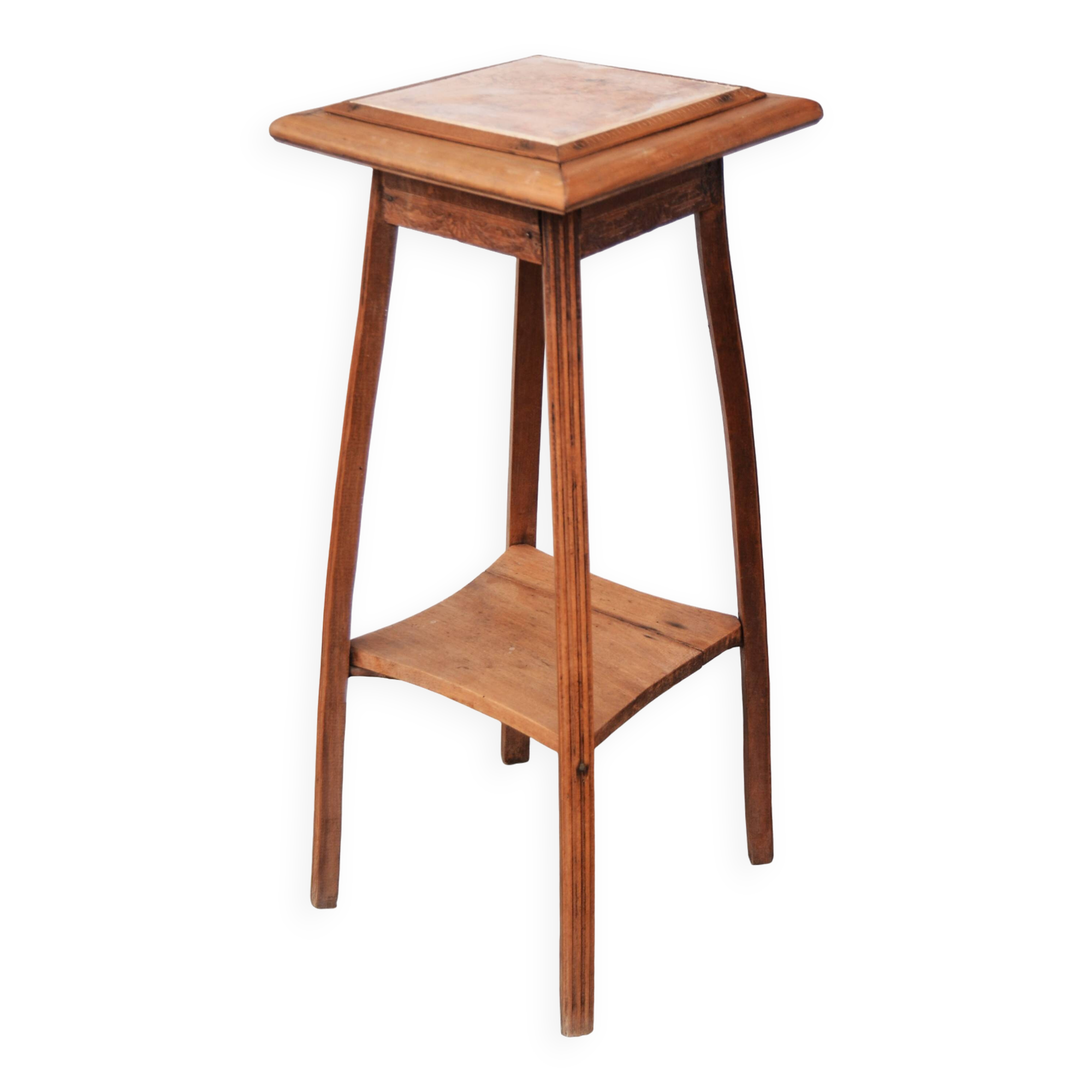 Art Nouveau wood stand planter with stone plaque