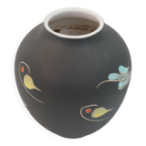 Small black ceramic vase with abstract fish and wave pattern