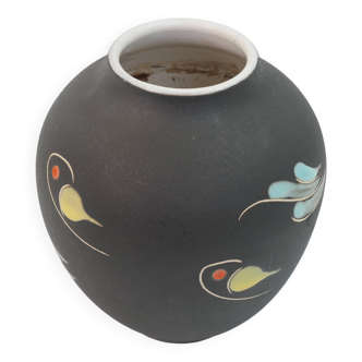 Petit vase en céramique noir à motif abstrait de poissons et de vagues