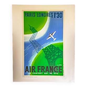 affiche ancienne AIR FRANCE - Paris Londres en 1h30 - 1936 - Années 1930
