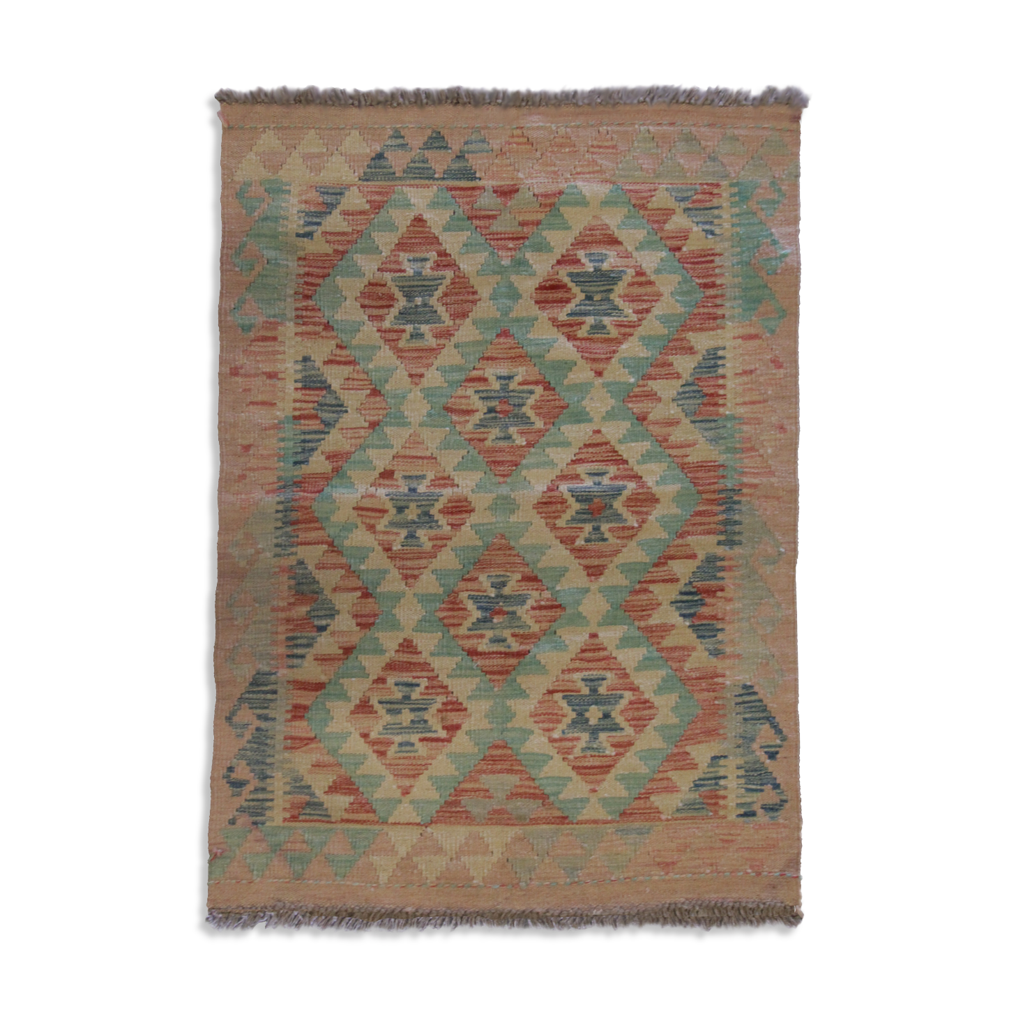 Tapis traditionnel oriental Kilim fait à la main laine beige géométrique Kilim- 60x89cm
