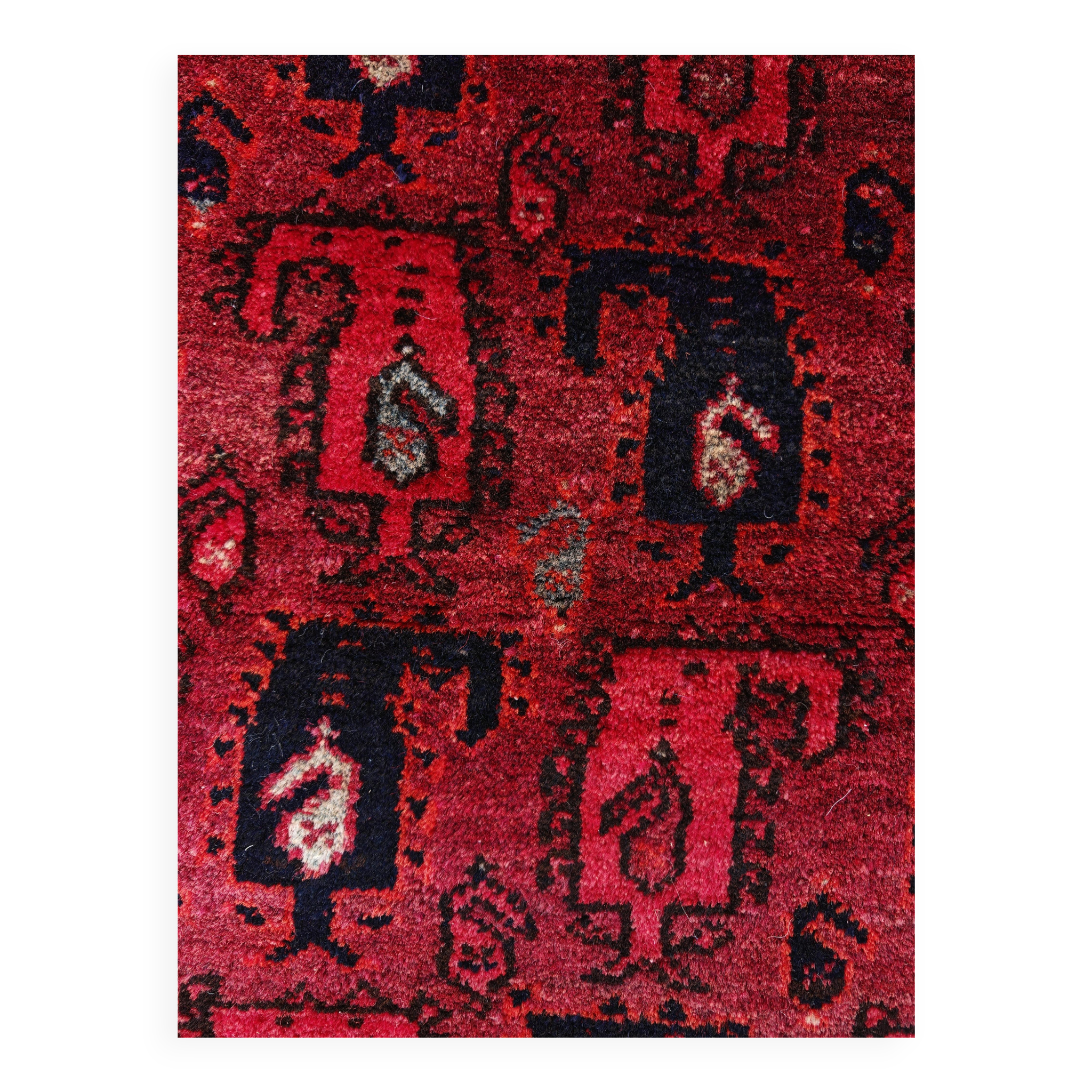 Vintage hand-knotted Boteh rug in natural wool from Afghanistan, 1960s.
