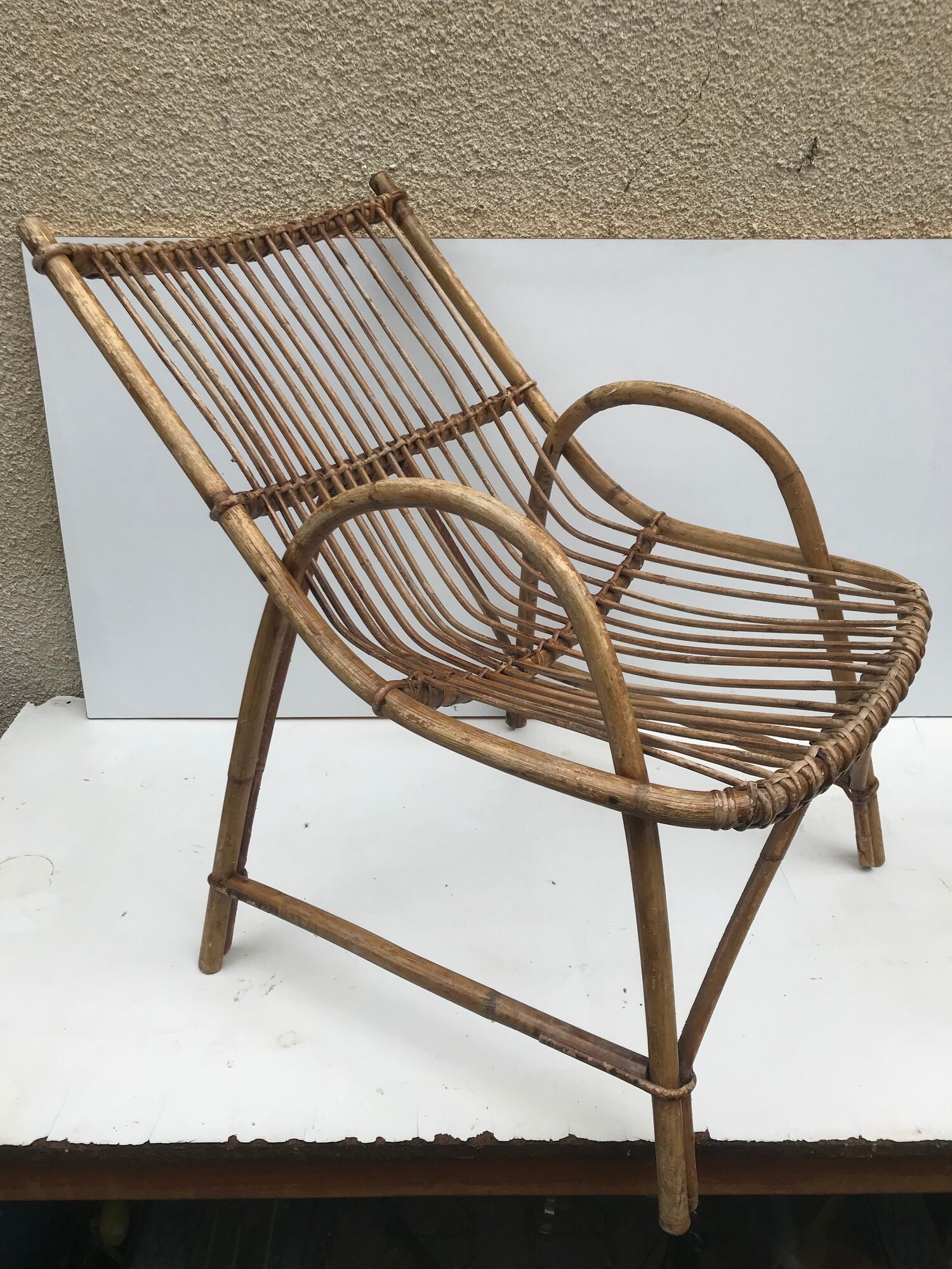 Pair old armchair in rattan curve base years 60 vintage x 2