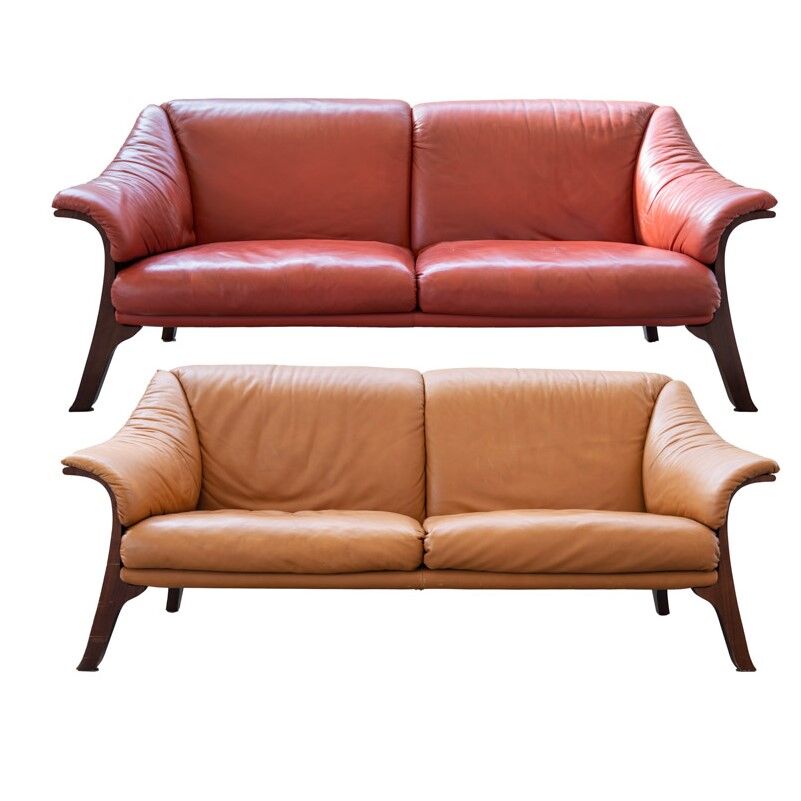 Frau sofas in cognac and burgundy leather, 1980s/90s, set of 2