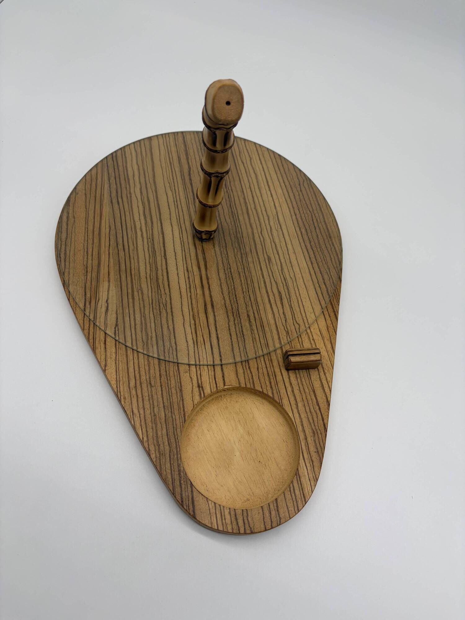 Vintage service tray wood, glass and bamboo – 1960s
