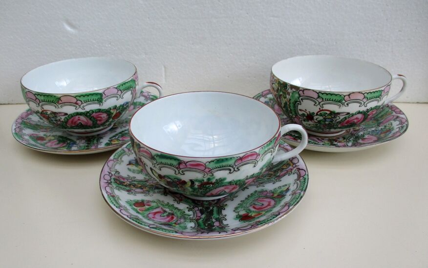 Trois tasses et 3 sous tasses anciennes Chine porcelaine fine | Selency