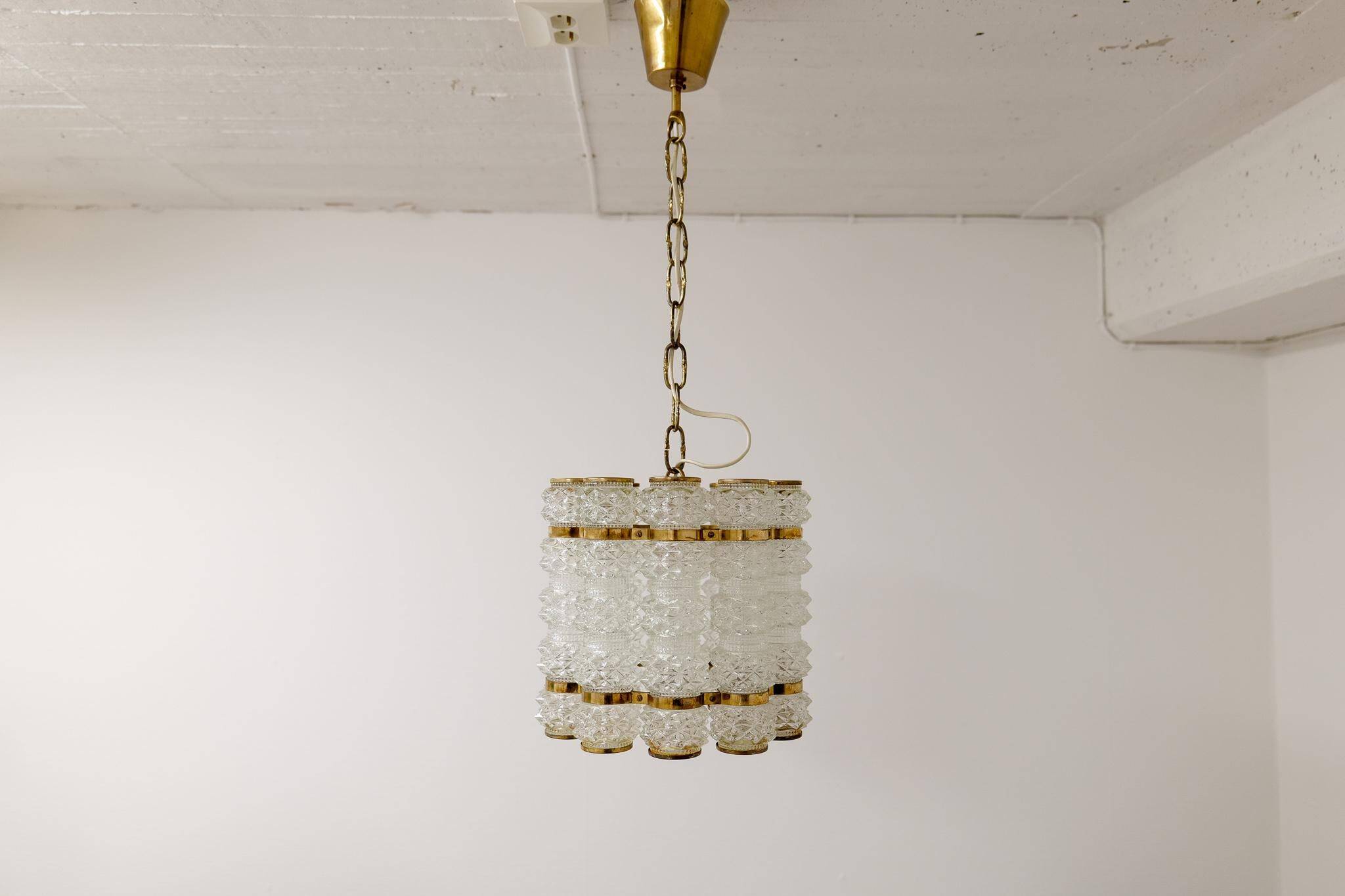 Cylindrical brass and crystal chandelier by Tyringe for Orrefors, Sweden.
