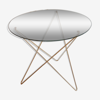 Table basse, d'appoint pieds compas en verre et laiton, 1950-60