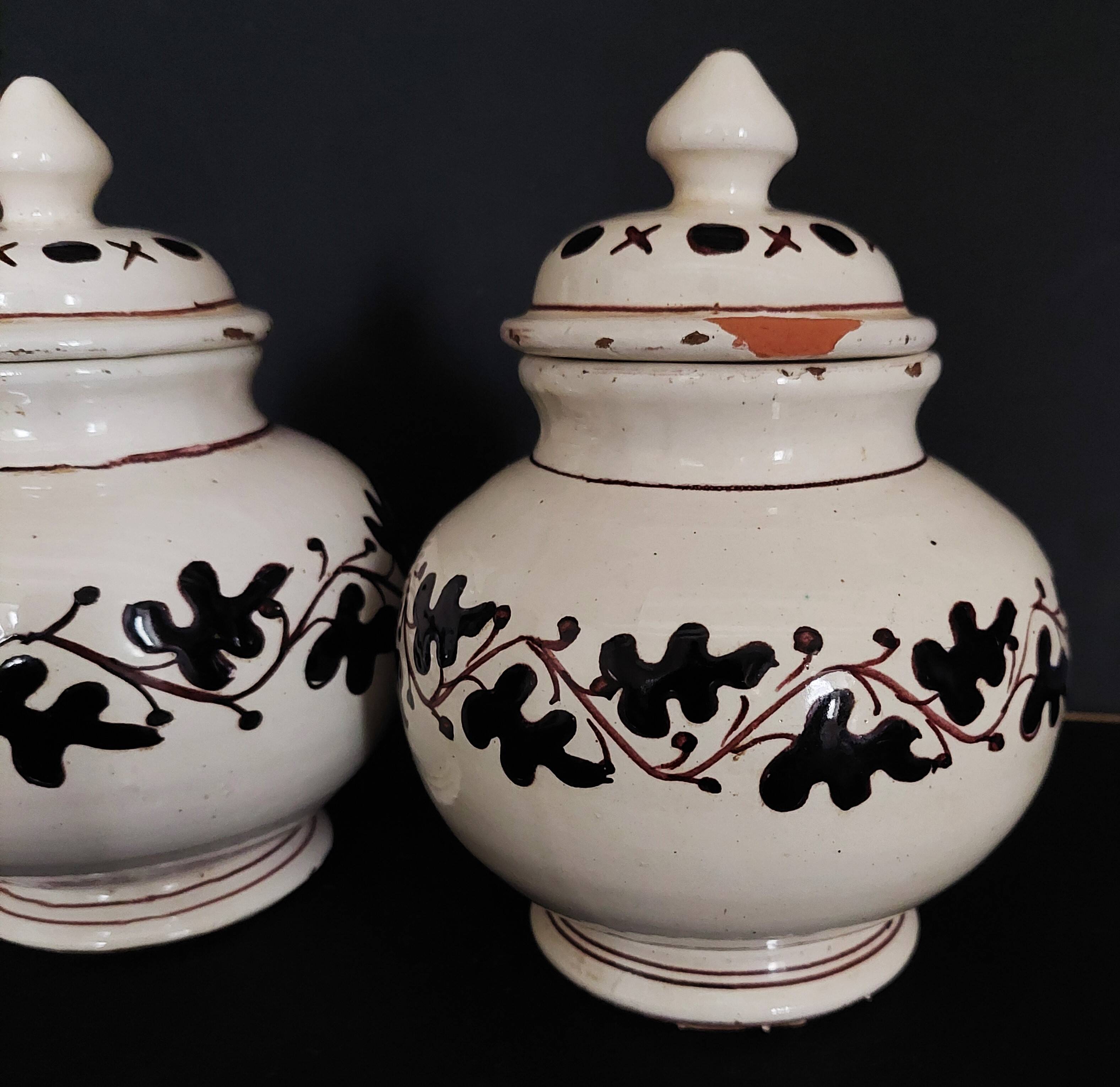 Pair of covered earthenware pots Italy Castelli 18th century