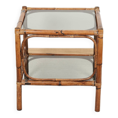 Table de chevet ou table basse en bambou et verre fumé, double plateau, années 70