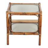 Bedside table or coffee table in bamboo and smoked glass, double top, 70s
