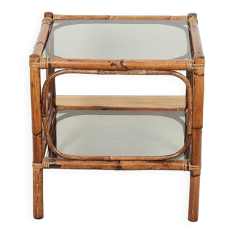 Table de chevet ou table basse en bambou et verre fumé, double plateau, années 70
