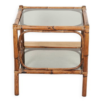 Table de chevet ou table basse en bambou et verre fumé, double plateau, années 70