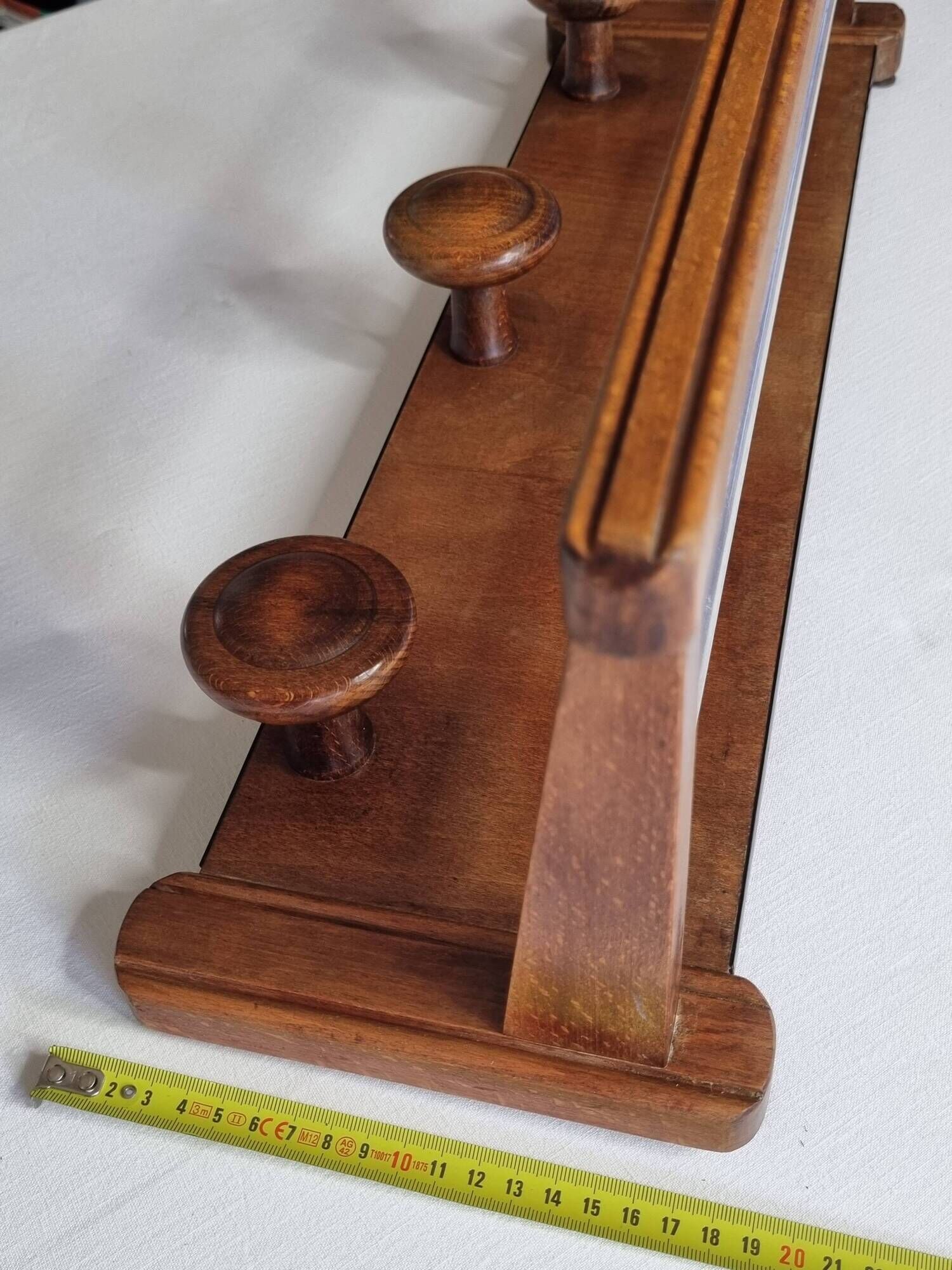 Vintage wall mounted coat rack in wood and metal, 3 hooks, retro style