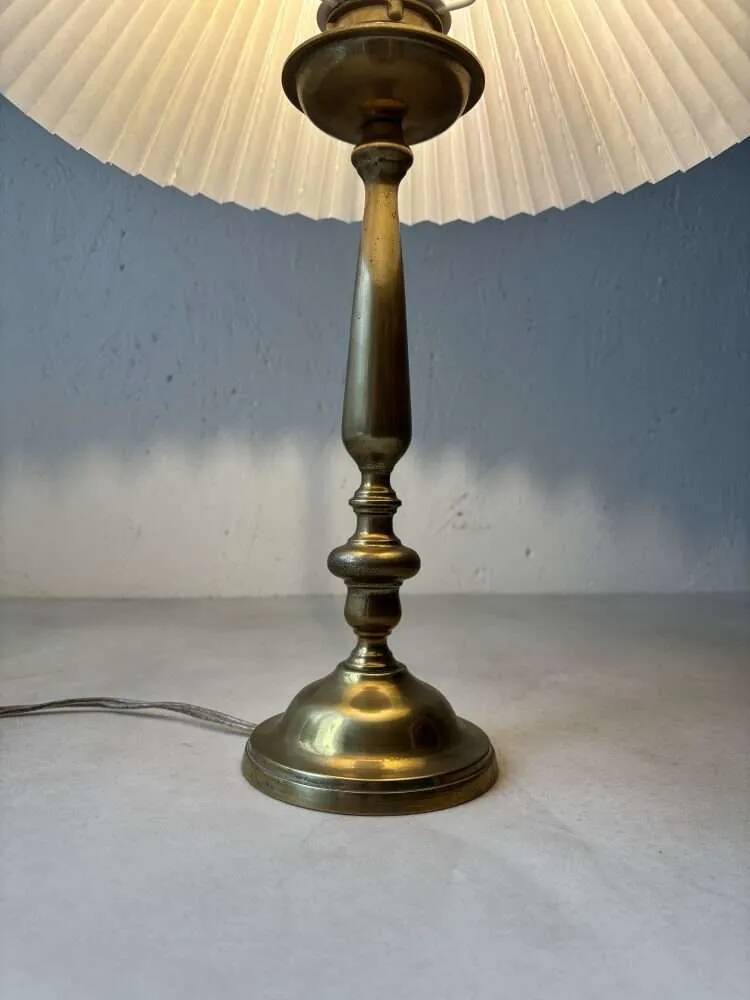 Brass table lamp with pleated shade, 1960s vintage design.