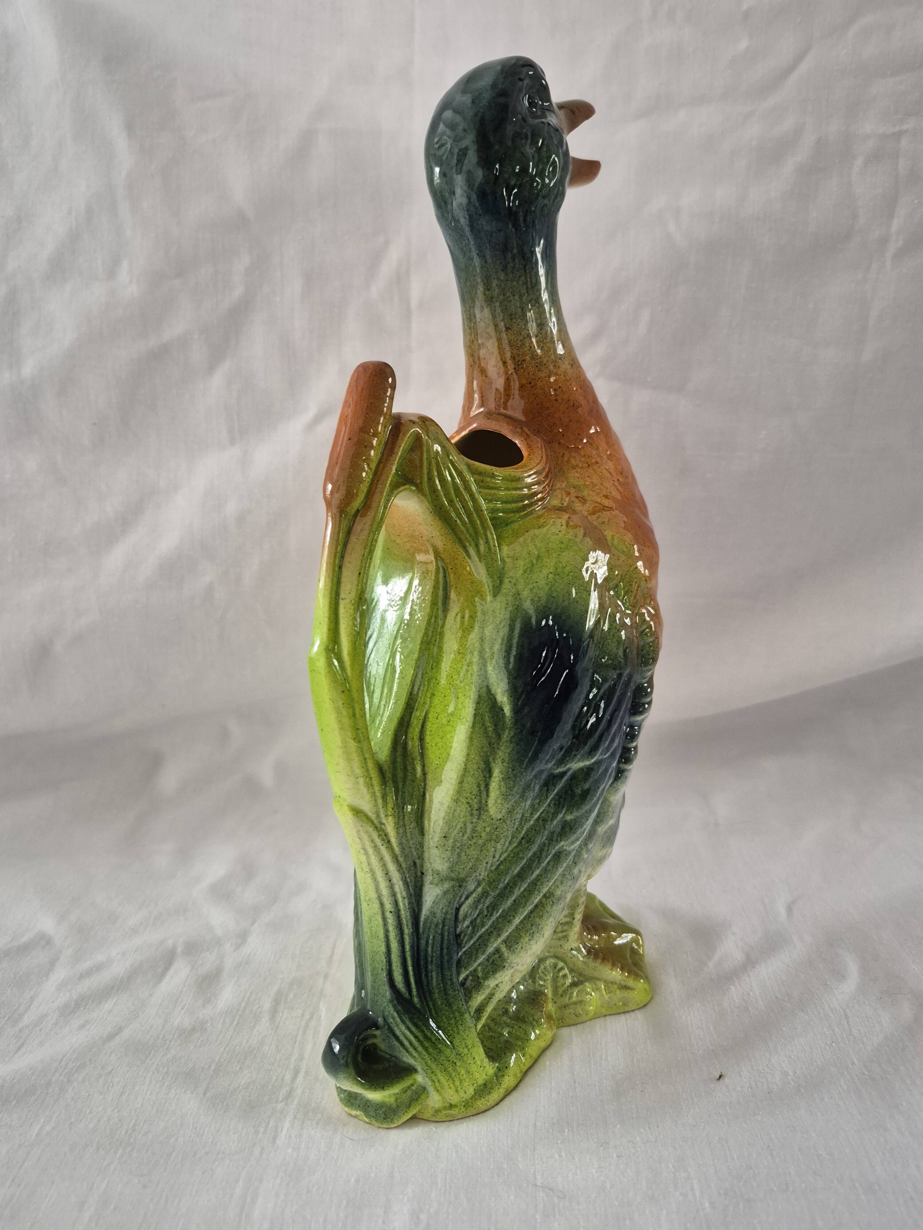 Old barbotine jug Saint Clément Mallard Duck A027